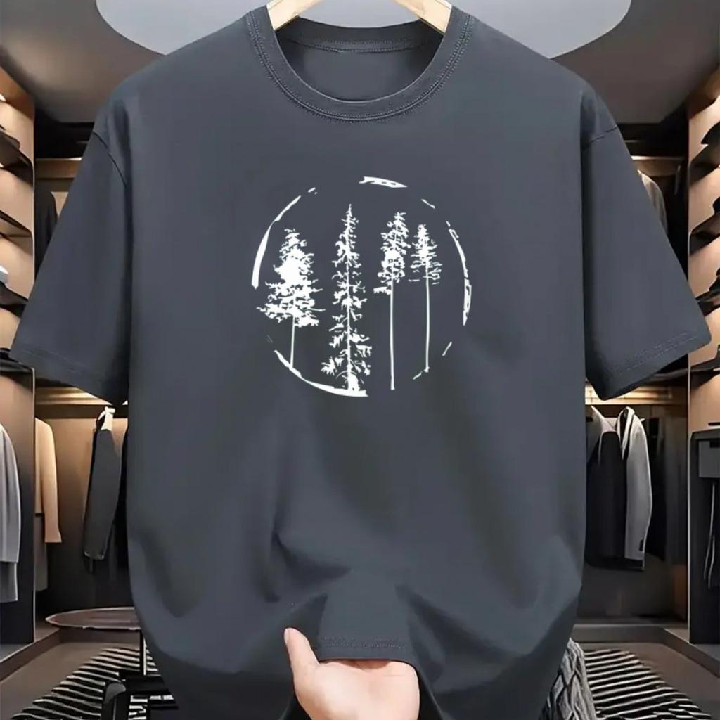 Męska Letnia 100% Bawełna Modna Casualowa Luźna Koszulka Top T-shirt ze Wzorem Drzewa Leśnego z Nadrukiem Sportowa Okrągły Dekolt Krótki Rękaw