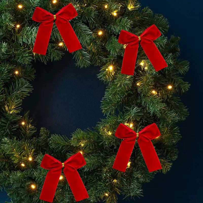12Pcs Christmas Bow Red Gold Mini Xmas Tree Velvet Bowknot For Home Decoration Wedding Decor Navidad New Year Party DIY