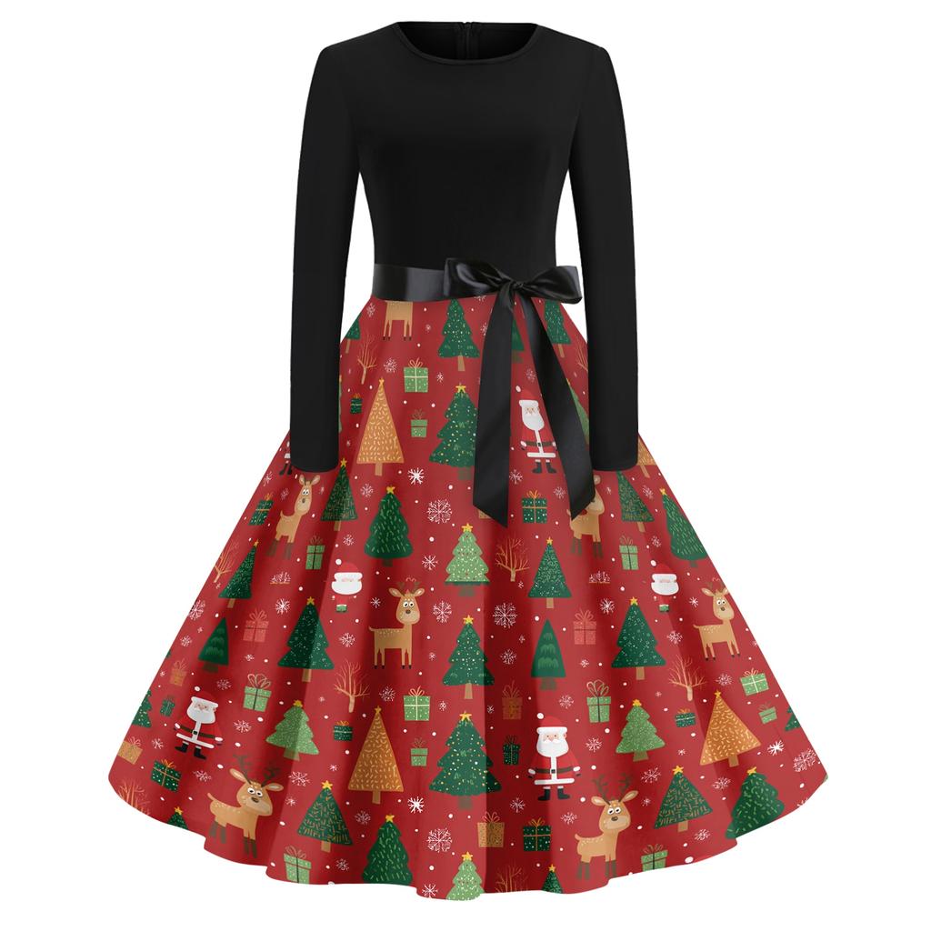 Women's Casual Fashion Round Neck Christmas Printed Vintage Dress