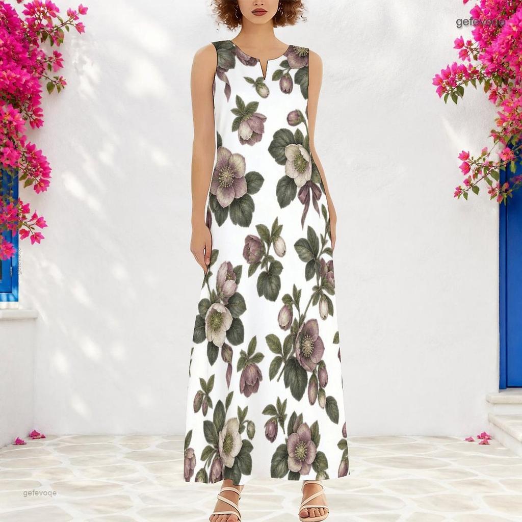Women Plus Size Notch Neck Sleeveless Floral Printed A Line White Maxi Dress