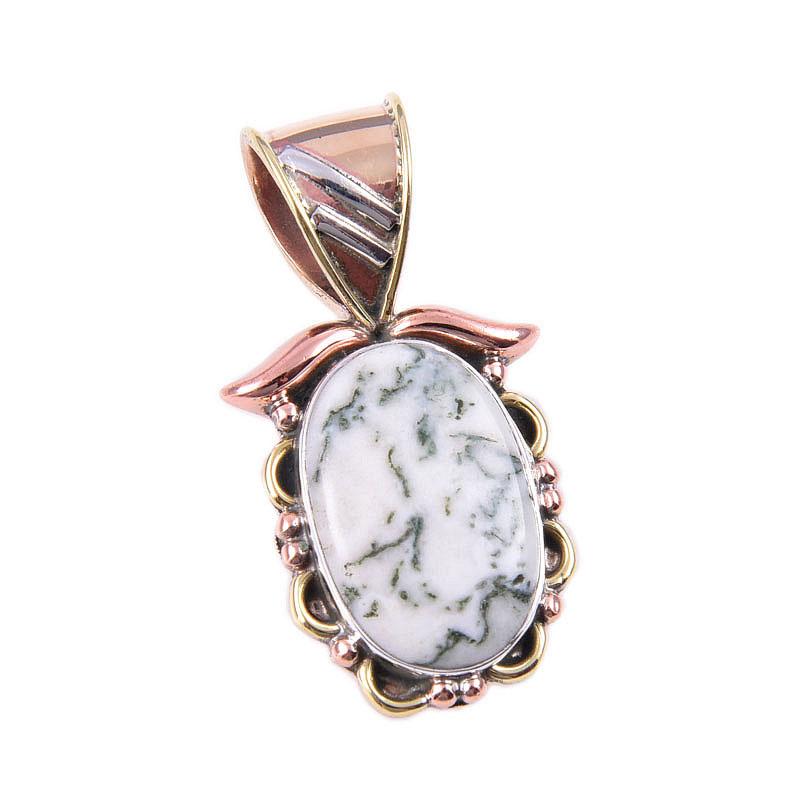 Natural Dendrite Opal 925 Solid Sterling Silver Gift TwoTone Pendant 1.25" h0H15