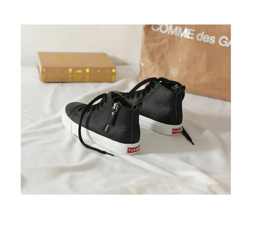 Damen Seitlicher Reißverschluss Bequeme Atmungsaktive Schwarze Lederschuhe Studenten Flats Skateboardschuhe Lässige Damen Sneaker