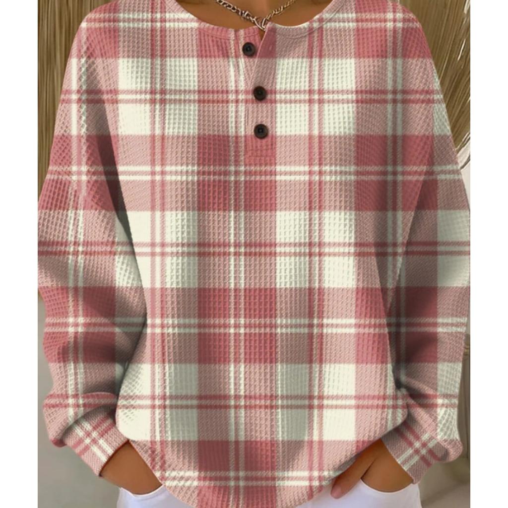Women's Crew Neck Long Sleeve Waffle Knit Henley Top Loose Fit Casual Sweatshirt
