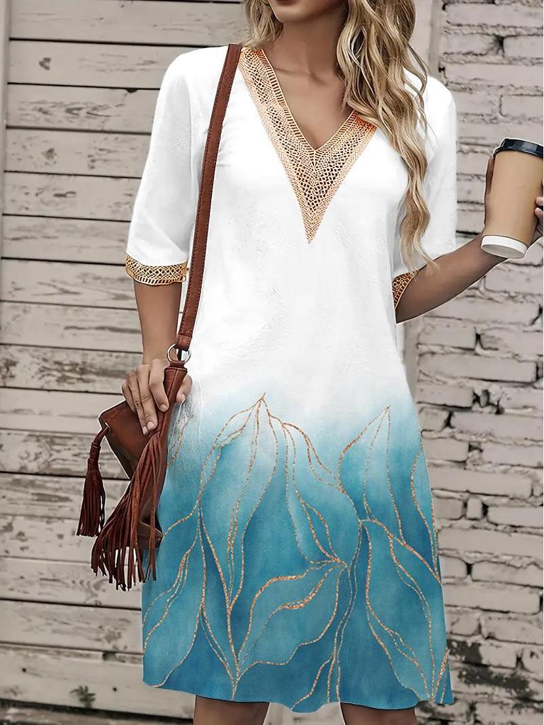 2025 Spring/Summer Lace V-Neck Print Midi Dress with Loose Hem