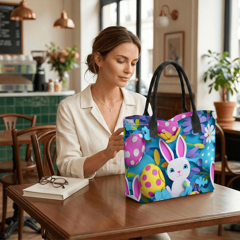 Easter Bunny Tote Bag Cute Printed Shoulder Handbag for Holiday Daily Use