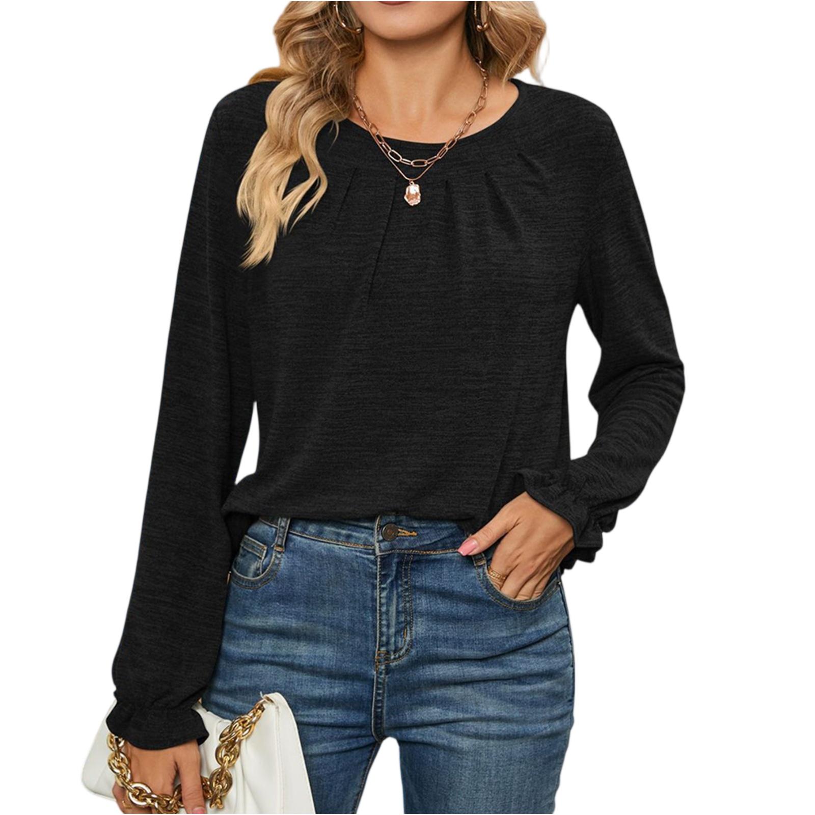 Women s Color Round Neck Top, Long Sleeved Loose Top M чёрный