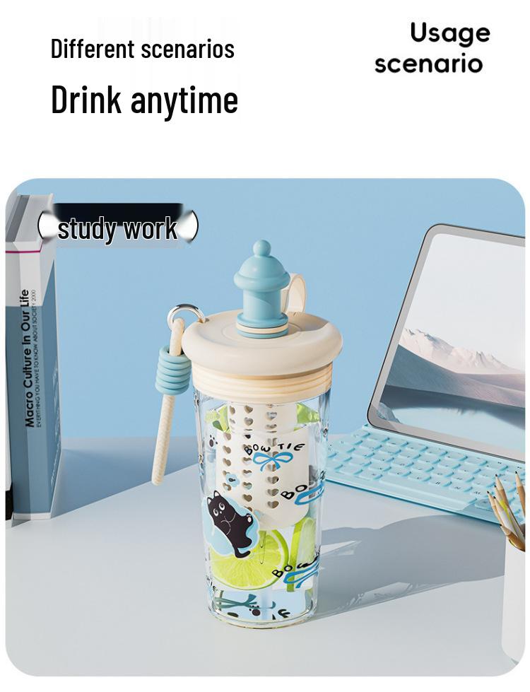 Portable Cute Tritan Water Cup with Tea Filter & Straw – Cartoon Design, Perfect for Students
