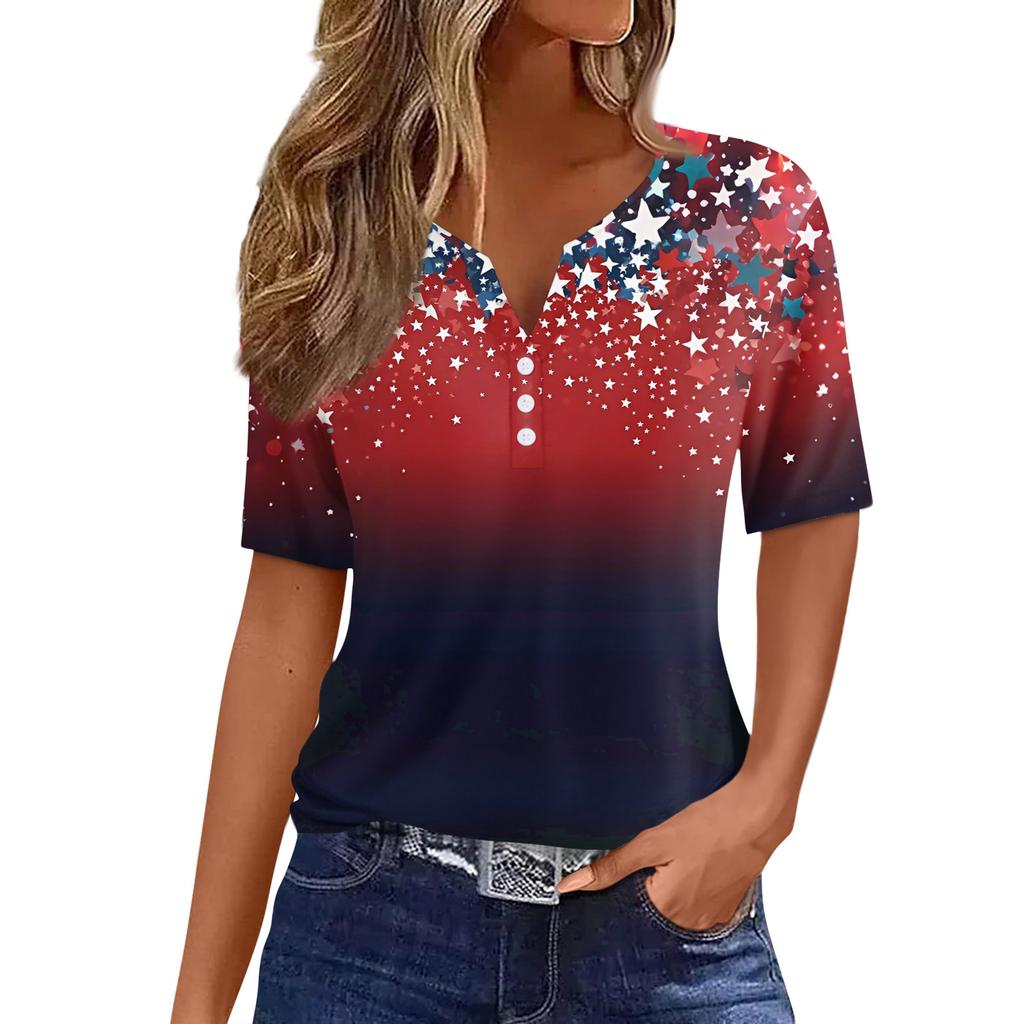 Women's T Shirt Independence Day Print Button Short Sleeve Daily Weekend Fashion Basic V- Neck Regular Top