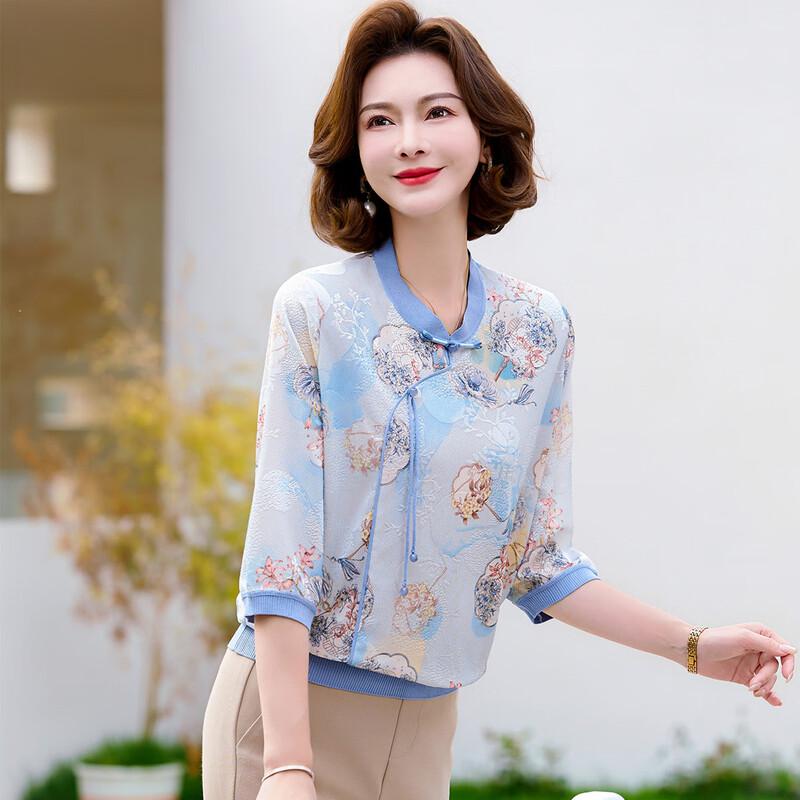Woxue Mama New Chinese Style Floral Jacquard Loose T-Shirt
