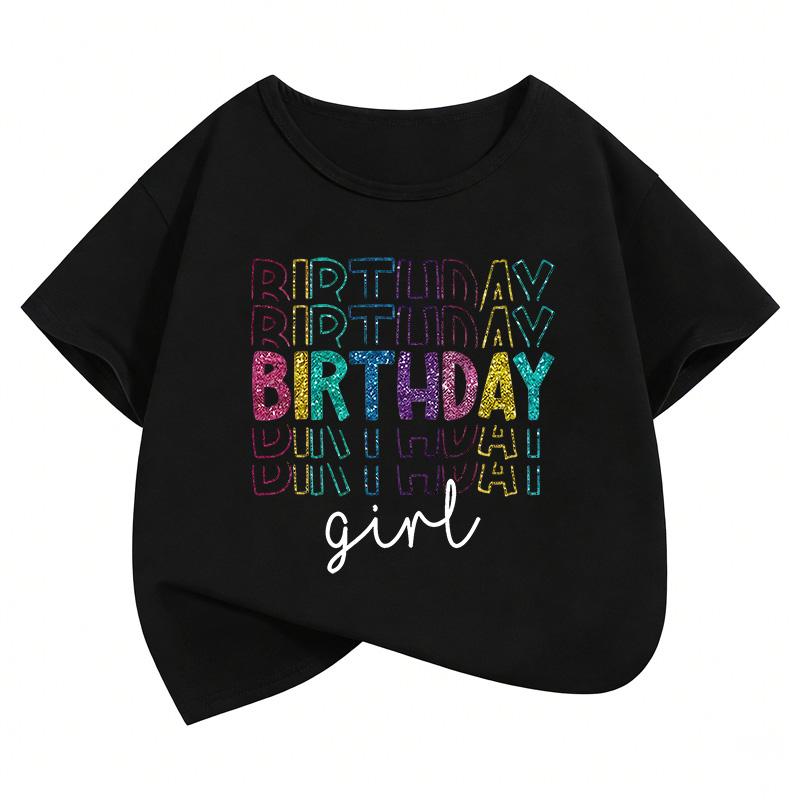 T-shirt Grafiche con Stampa Lettere per Ragazze Compleanno Estate Manica Corta Abbigliamento Bambina Top Kawaii T-shirt per Bambini Y2K