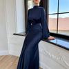2025 Autumn Women's Retro High-Neck Long Dress with Waist-Cinching Design