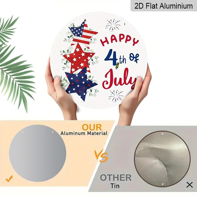 2D Flat, 1Pc Round Aluminum Hanging Sign, Patriotic 4Th of July, Featuring Red, White, And Blue Decorations, Including Pentagrams And Fireworks