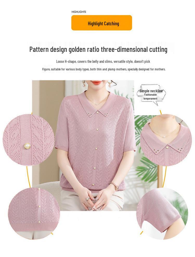 Summer 2025 Ice Silk Knit Doll Collar Cardigan - Women's Short Sleeve Top for Middle-Aged & Elderly