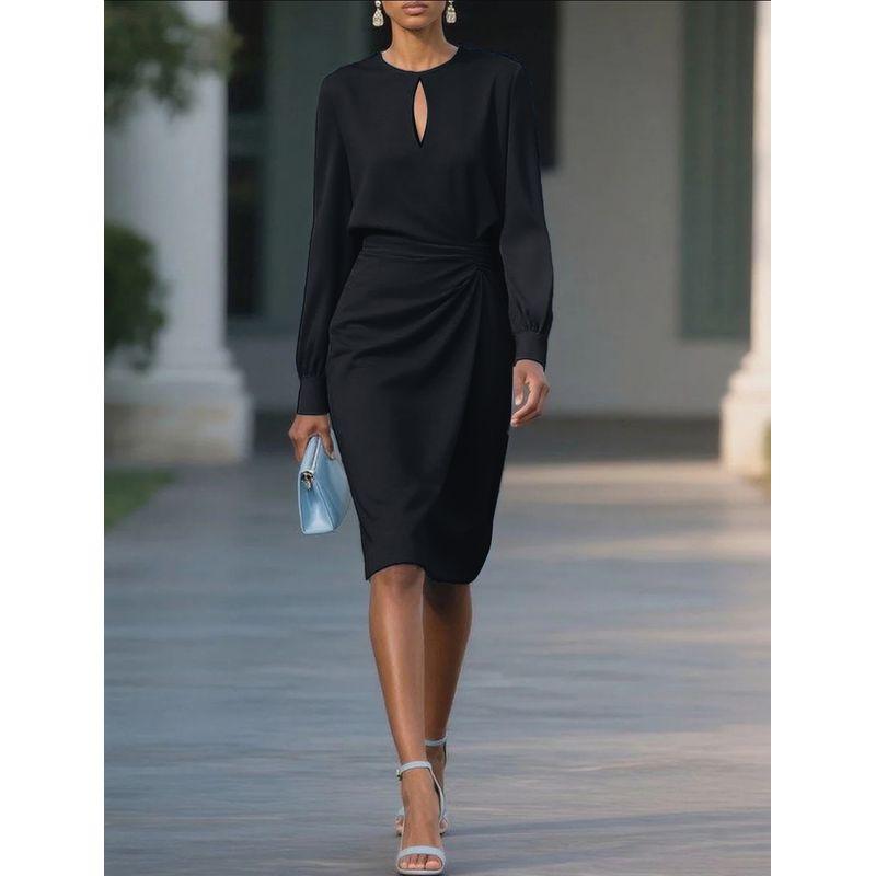 2025 European and American Autumn Temperament Solid Pleat Waist Hugging round Neck Cut-out Dress Women clothes