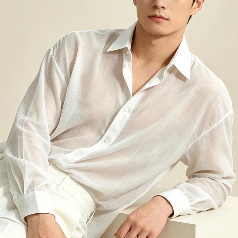 Street Style Handsome Blouse Loose Long Sleeve Shirt Ultra Thin Cool Breathable Unisex Luxury Casual Top Teen Student Shirts