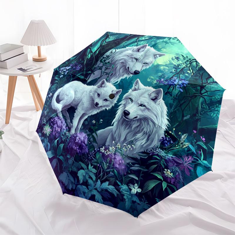 1 PC Automatic Folding Umbrella - Wolf Family Pattern, Portable & Foldable Design with 8 Ribs, Christmas Birthday Gifts