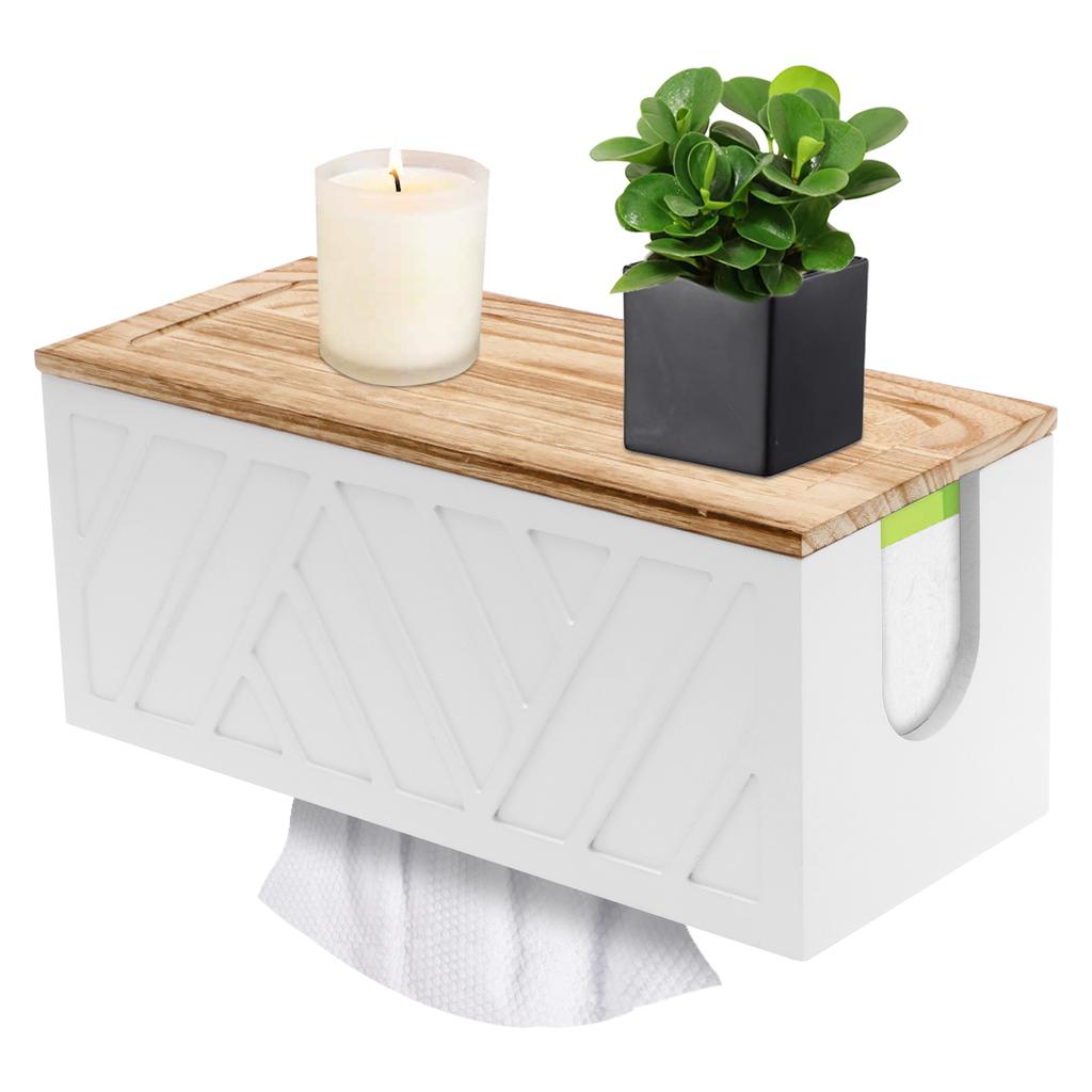 Wooden Paper Towel Holder Wall Mount, Bathroom Kitchen Organizer with Detachable Lid, Rustic Tissue Roll Dispenser