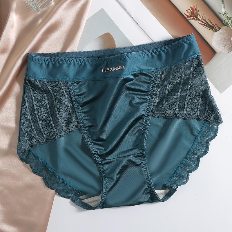 Plussize Ladies Summer Light Luxury Satin Sexy Lace Ice Silk Breathable High Waisted Briefs