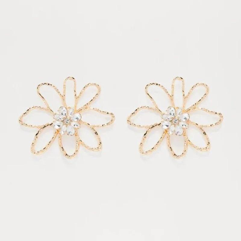 Vintage irregular openwork flower diamond earrings, exaggerated design, fashionable gold lava line stud earrings