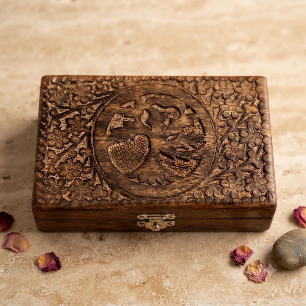 Handcrafted Wooden Jewelry Organizer Box – Rustic Storage Case for Rings, Earrings, Carved Keepsake Box for Women, Men, Gifts & Home Décor