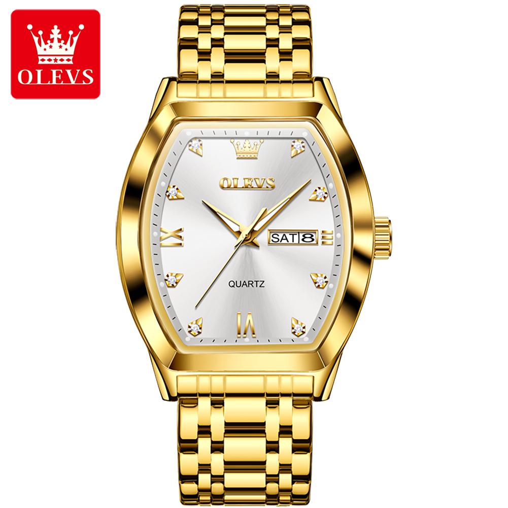 OLEVS Ceas de mână pentru bărbați, marca TOP, cuarț, elegant, din oțel inoxidabil, cadran Tonneau, impermeabil, luminos