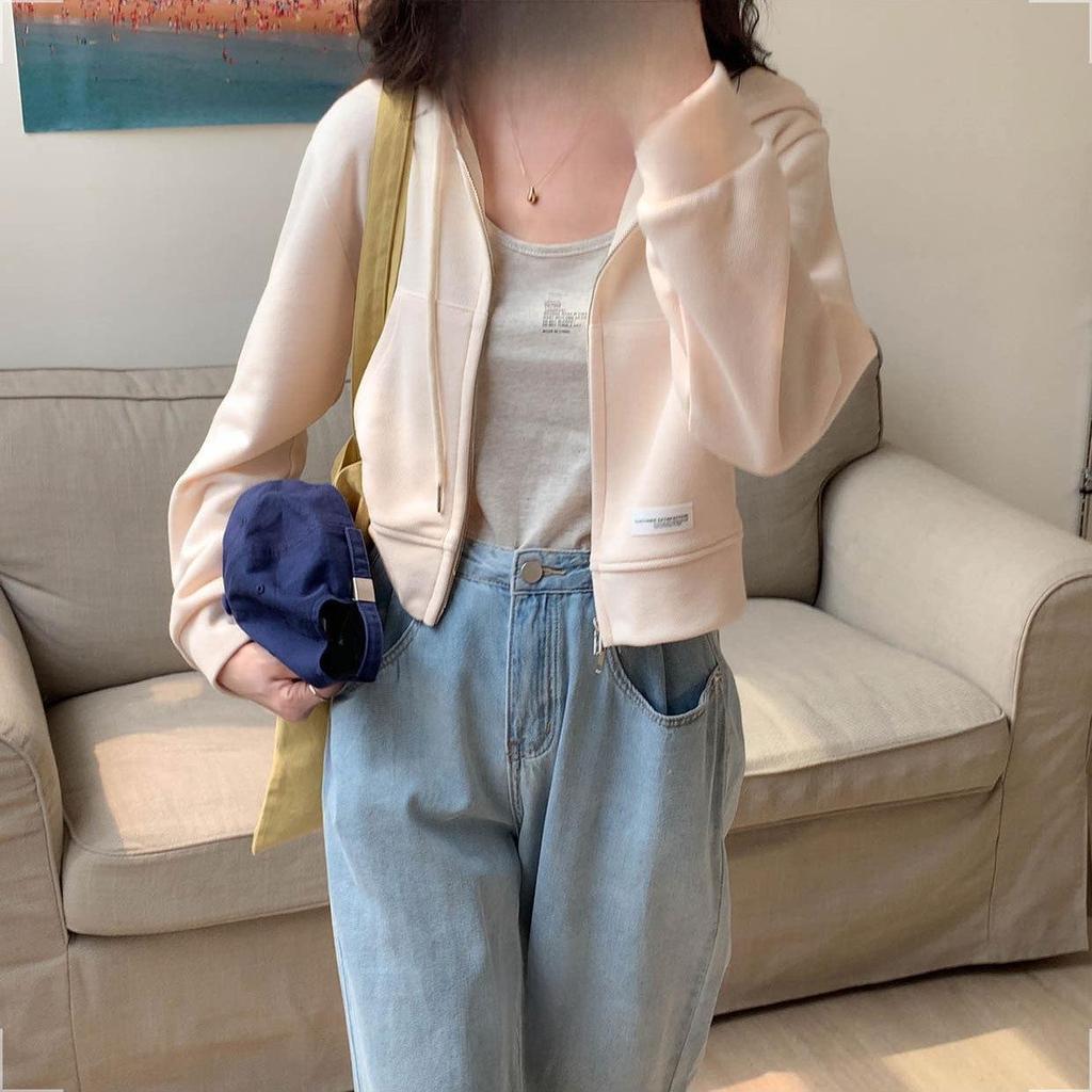 Women's Short Pink Cotton Hoodie Cardigan - Lightweight Spring/Summer Zipper Jacket
