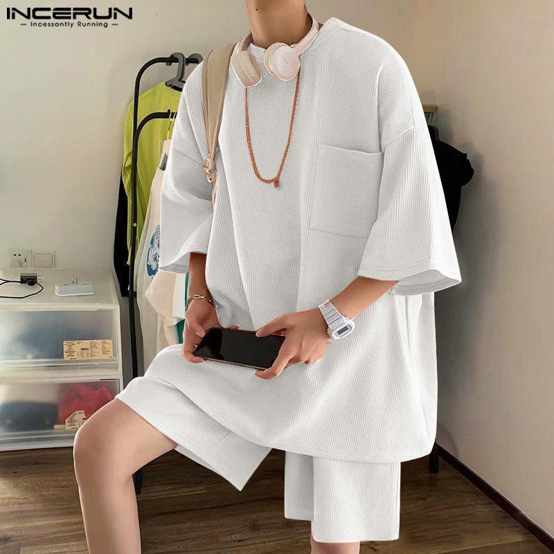

INCERUN Two Pieces Oversized Men Summer Short Sleeve T-Shirts and Loose Shorts Outfits Sets S чёрный