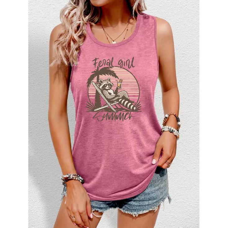 2026 Sword Wielding Raccoon Sunset Print Women Loose Breathable Sleeveless Tank Top Casual Summer Vest S розовый