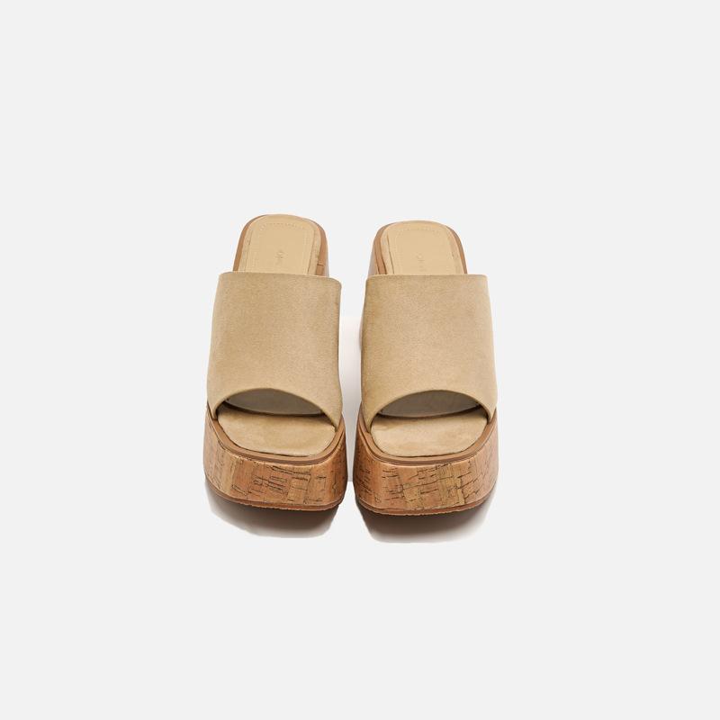 Fashion Thick-soled Wedge-heeled Sandals Platform Wood-grained Slippers High-heeled Open-toed Women's Shoes