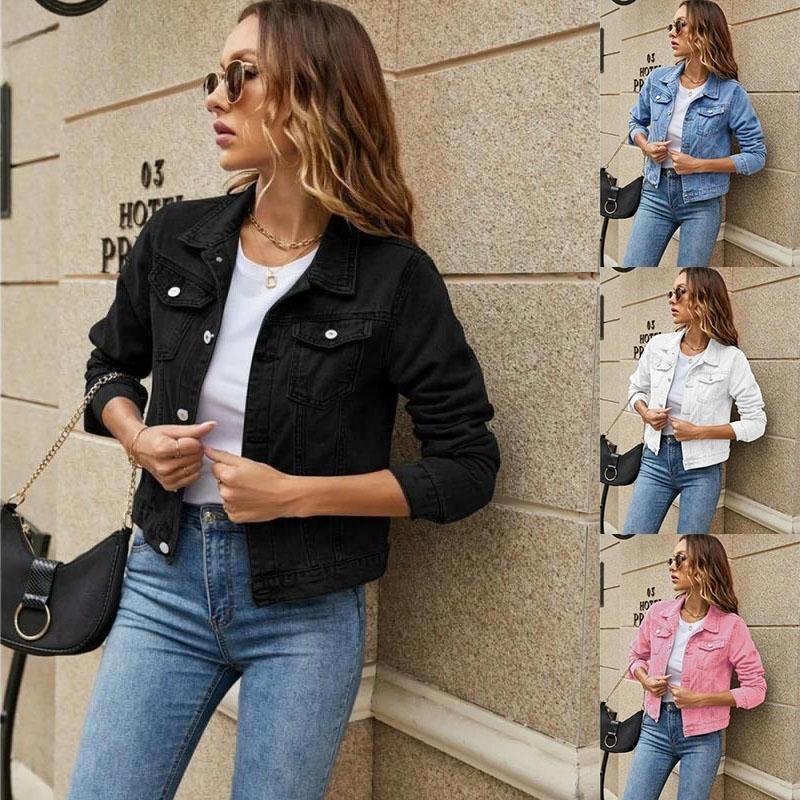 Women's Fashion Denim Button Jacket Solid Color Plus Size Long Sleeved Short Coat