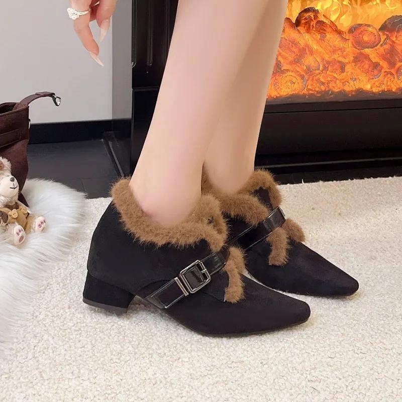 Fleece Warm Pointed Toe Fluffy Booties for Women Winter Heightening Little Man Mary Jane High Heel Cotton Shoes