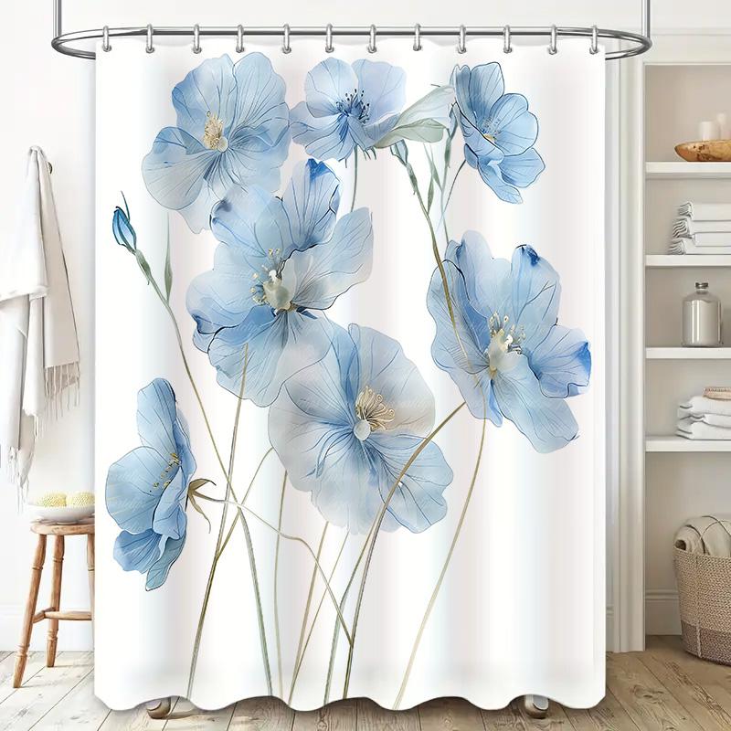 Elegant Blue Flower Pattern Shower Curtain Bathroom Decor Modern Design High-Quality Fabric Easy To Clean Rustproof Hooks