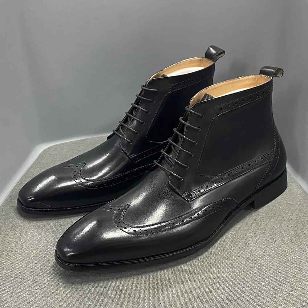 Fashion Men's Classic Calfskin Real Leather Cowboy Boots Lace-Up Wingtip Pointed Toe High Cut Formal Derby Shoes