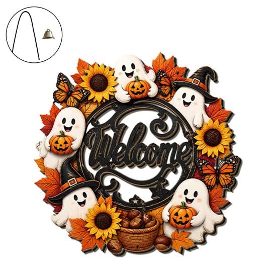 Durable Door Sign for Porch Halloween Pumpkin Ghost Wooden Welcome Hanger Sign, Cute Wall Ornament with Bell Front Hanging Rope, Decor Indoor Outdoor