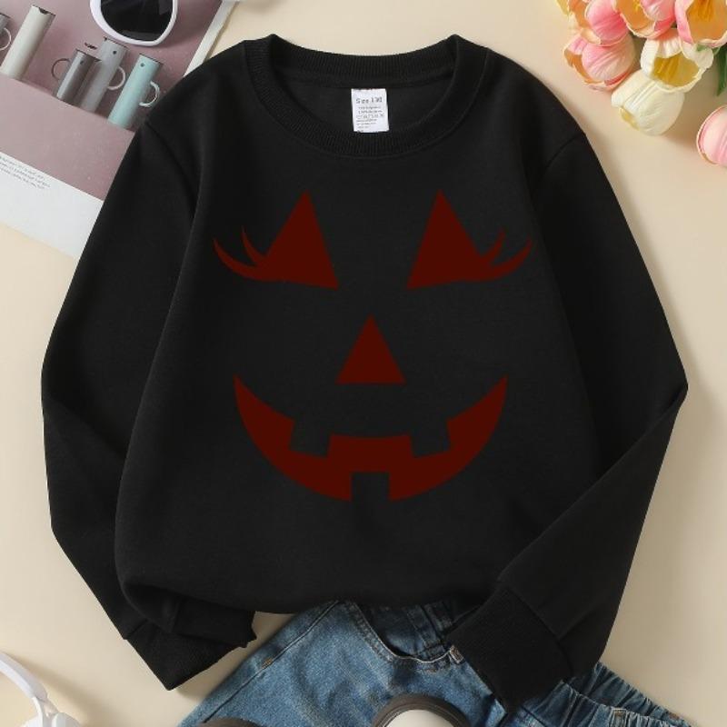 Kids Crewneck Sweatshirt, Cute Halloween Jack O'Lantern Face Print, Soft Casual Pullover for Fall Winter