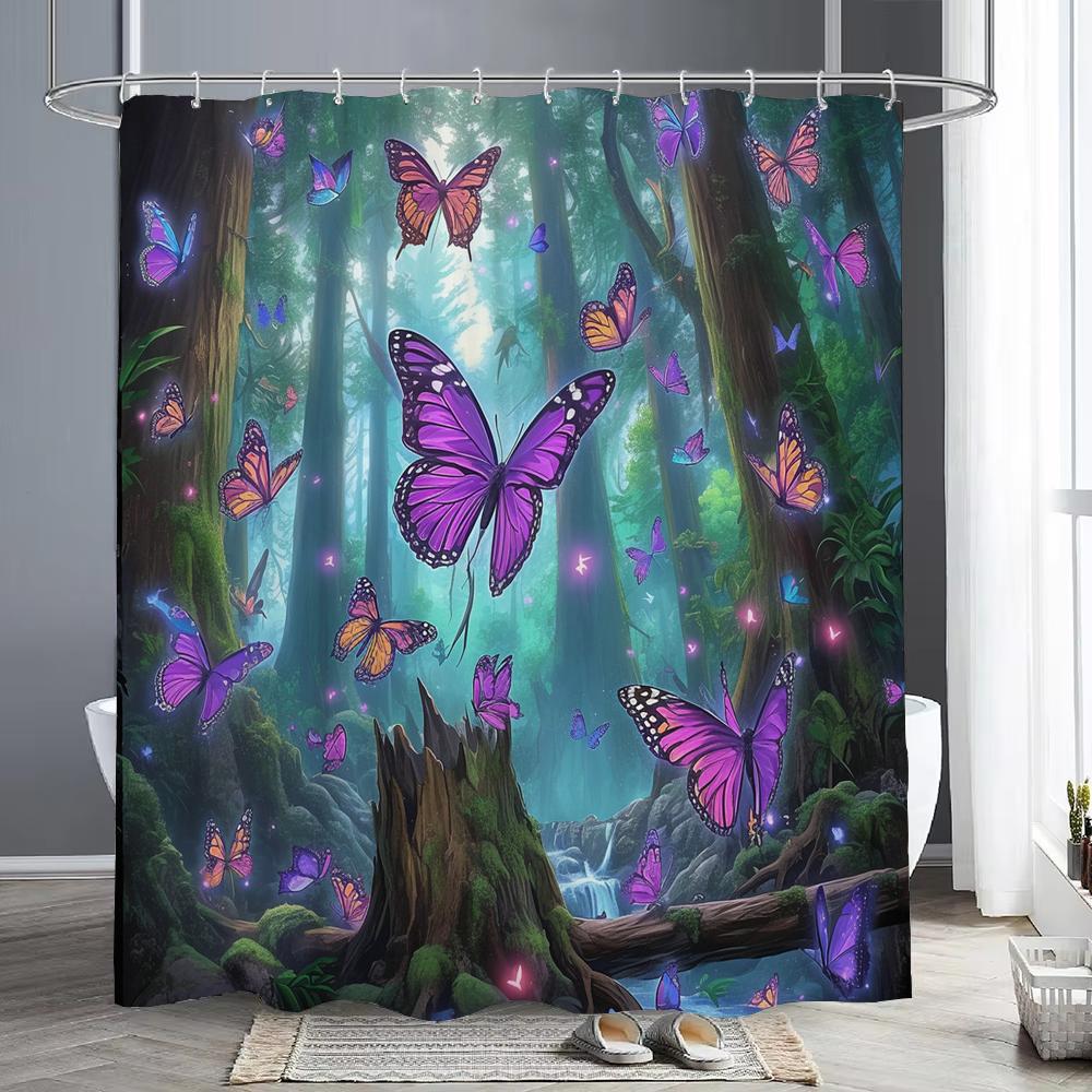 Fairy Tale Forest Beautiful Purple Butterfly Shower Curtain Bathroom Decor Shower Curtain Waterproof Shower Curtain With Hook