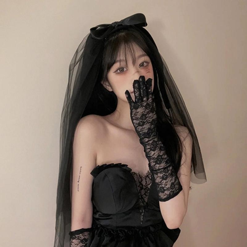 Bridal Veil Women's Simple Tulle Short Halloween Party Wedding Veil Ribbon Edge with Bowknot Shape for Wedding Party