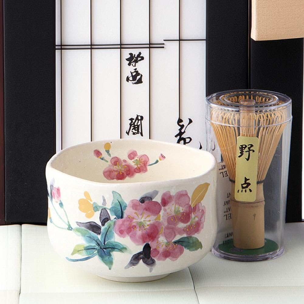 Matcha Bowl X X Manyo Flowers and Cherry Small Matcha Outdoor Tea Ceremony Tea Whisk Mino Made In Japan Ale-net Set, W9.3 D9.3 H6.5cm, Blossoms, Bowl,