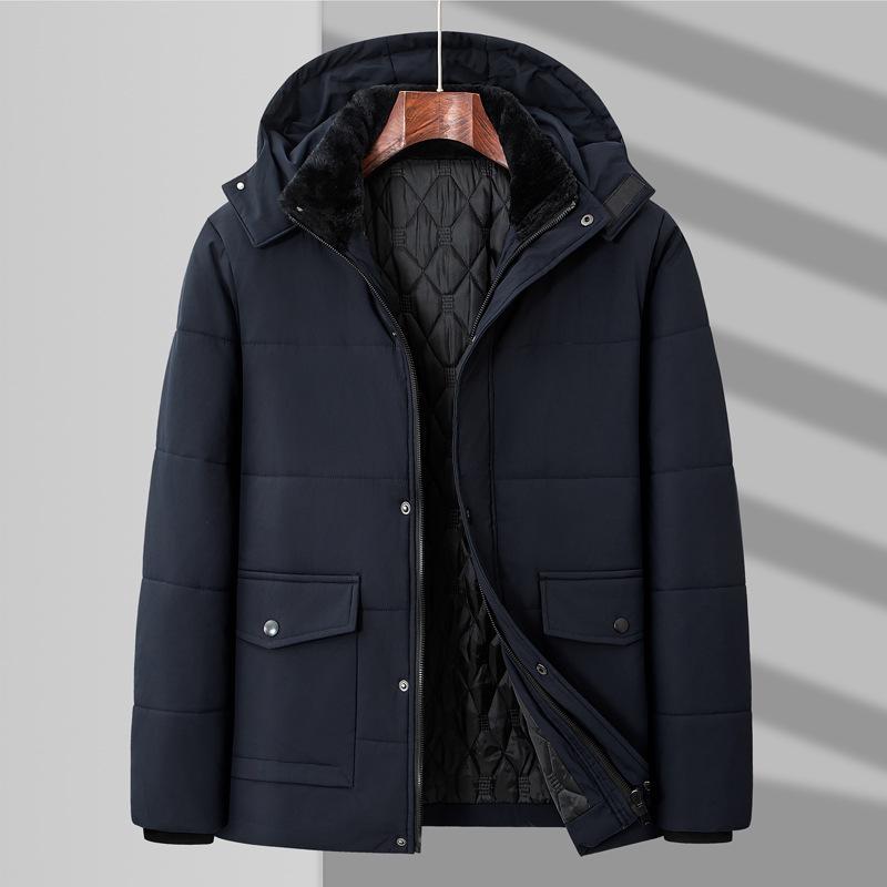 Men's Winter Classic Velvet-Lined Mid-Length Coat with Detachable Hood