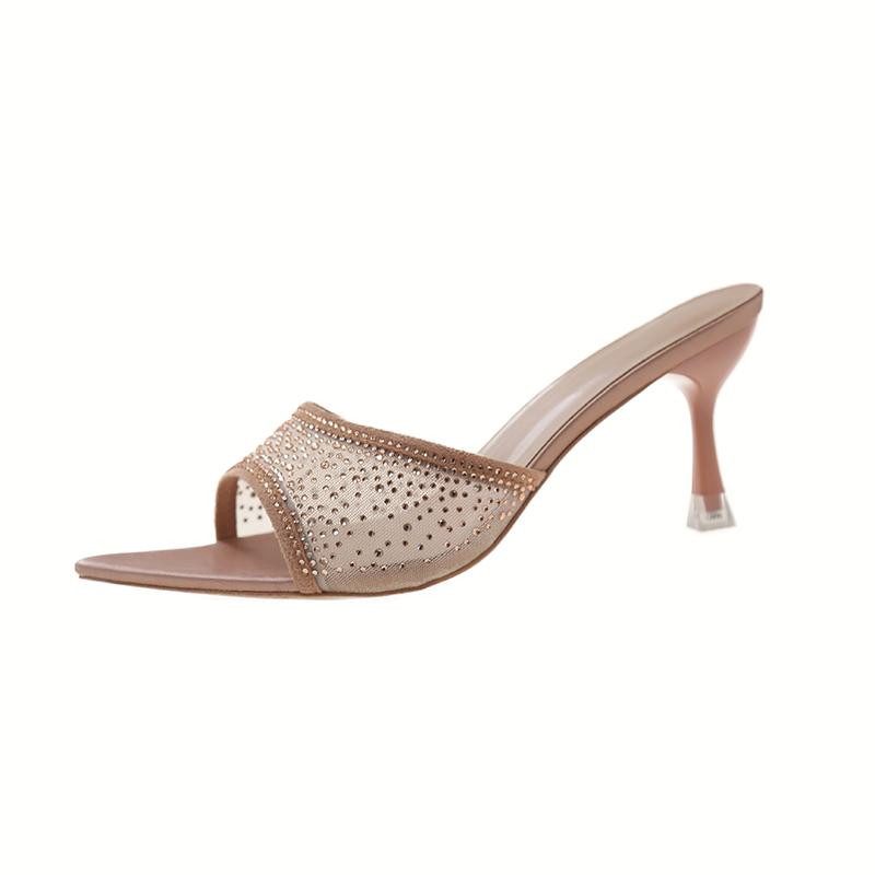 

Fashion Luxury Champagne Lace Mesh Mule Slides Woman Transparent Rhinestone Net Slippers Ladies Point Toe Stiletto Evening Party Shoes 42 шампанского
