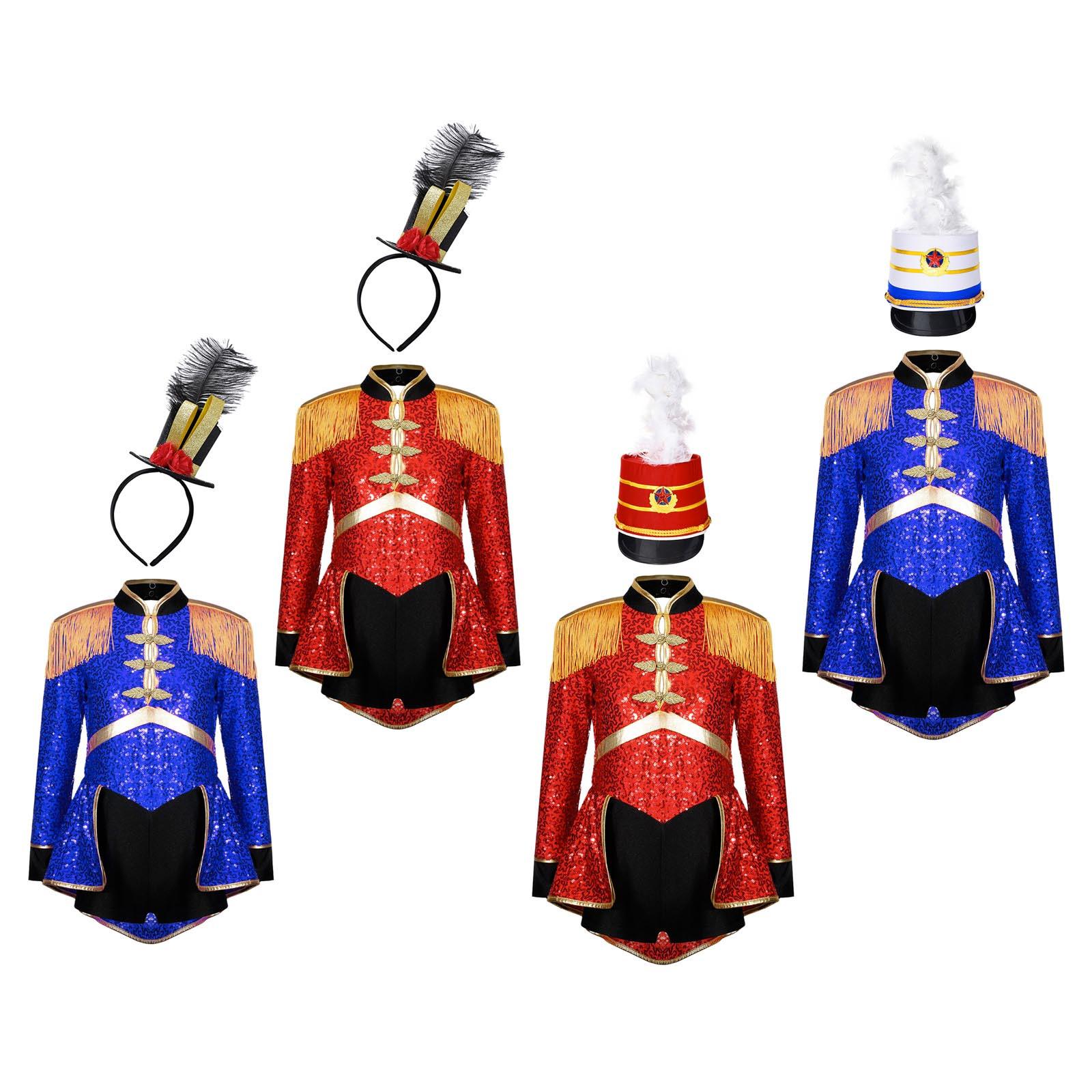 

Косплей-костюм циркового барабанщика для дітей, дівчаток, боді з довгими рукавами, бахромою, погонами та паєтками з міні-циліндром, аксесуаром для капелюха командної команди 5-6 Years