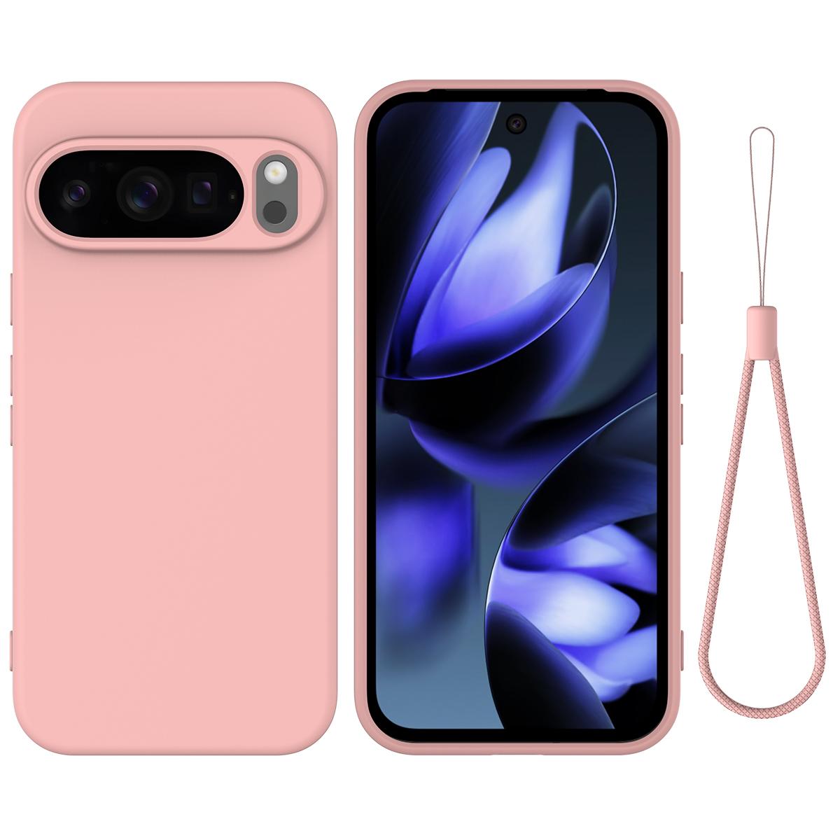 

For Google Pixel 10 Pro Case Liquid Silicone Phone Back Cover with Hand Strap Pink