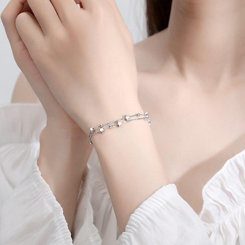 925  Silver Bead Bracelets For Women Korean Designer Double Layer Stars Chain Bracelets Luxury Party Wedding Jewelry