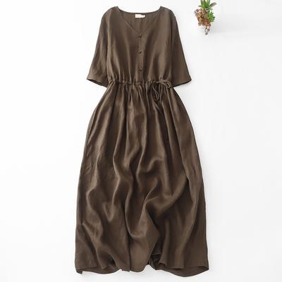 Real Shot Summer New Cotton and Linen Literary V-neck Retro Loose Waist Medium Sleeve Dress a Word Long Dress Women