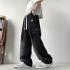 Summer Men's Straight Jeans Pockets Wide Leg Denim Cargo Pants Lightweight Baggy Jeans Trousers
