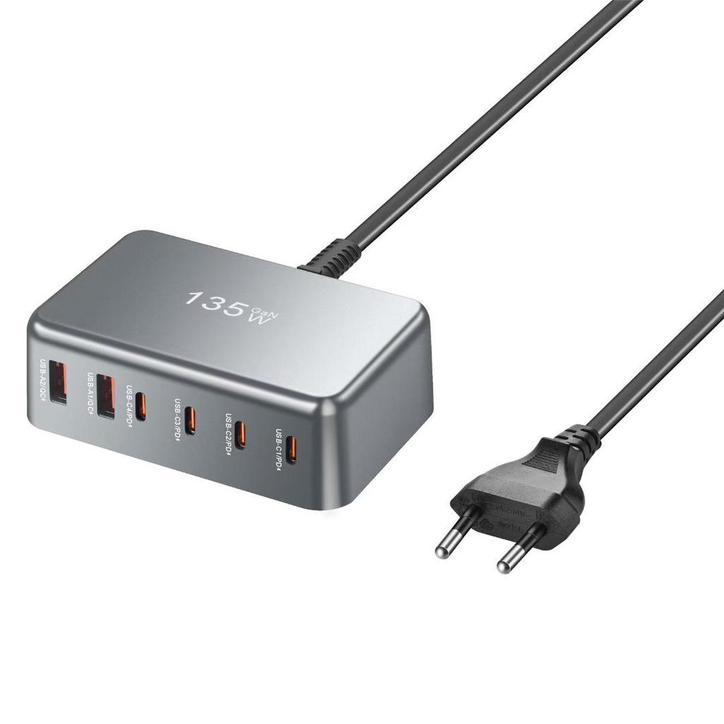 135W Gallium Nitride 6-Port PD Fast Charging Adapter for Apple and Huawei Devices