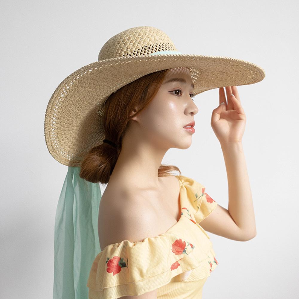 New Wide Hand-woven Hollowed Out 15cm Big Brim Straw Hat Chiffon Ribbon Women's Summer Sunscreen Sunshade Sun Hats Boater Hat