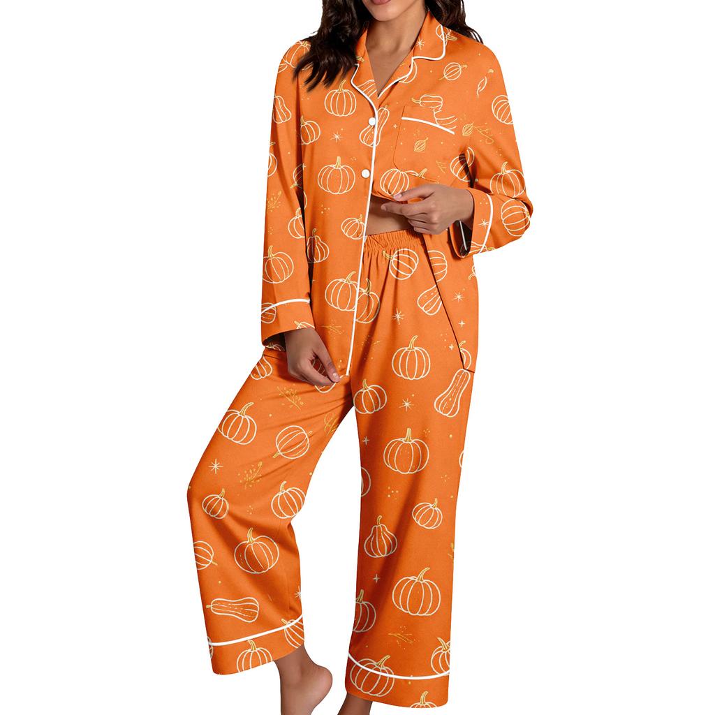 Set Pigiama da Donna a Manica Lunga con Stampa di Halloween e Pantaloni per la Notte