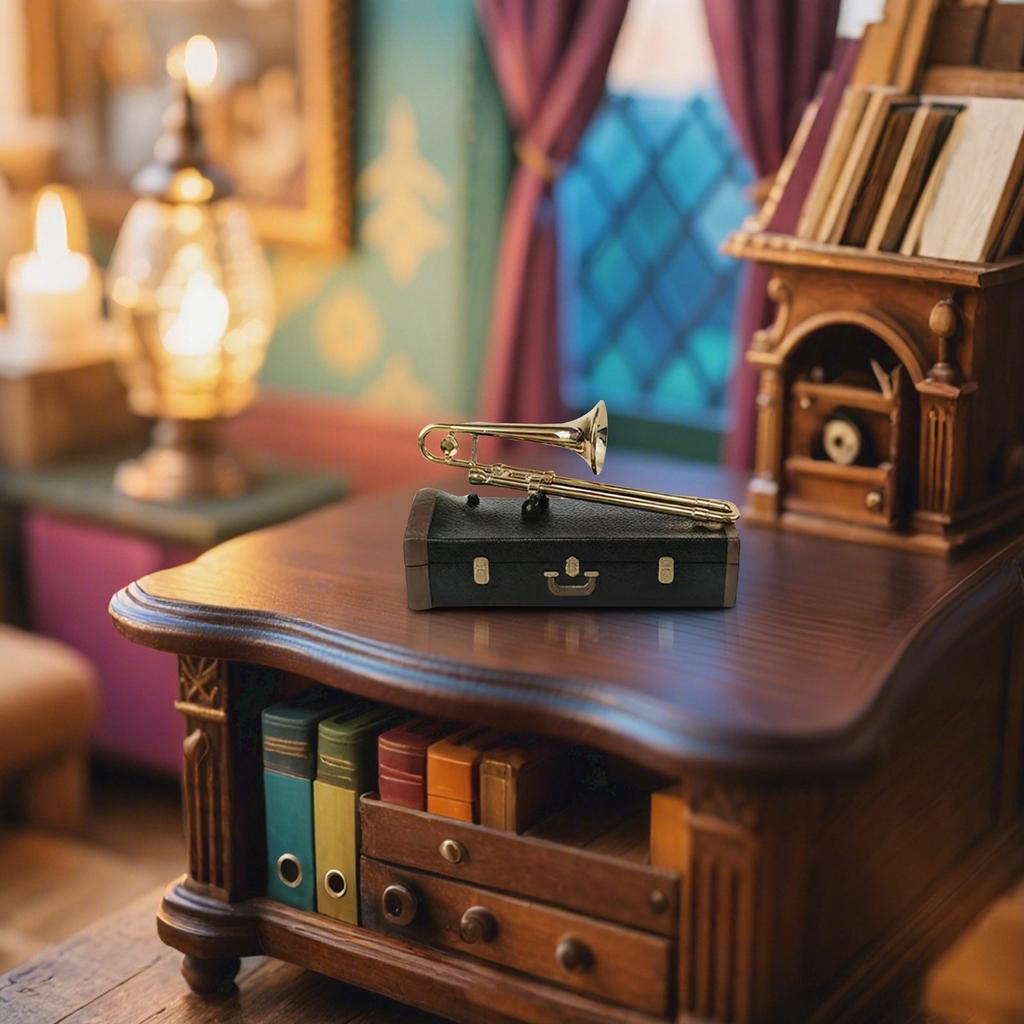 Trombone Model With Case - Brass-Plated Musical Instrument Miniature, Collectible Desk Decor & Gift For Music Lovers (10cm/3.94in)