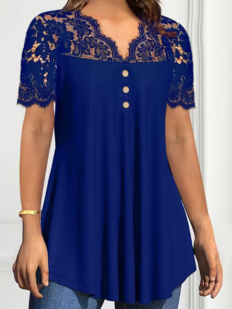 2025 European & American Women's Solid Lace V-Neck Casual Spring/Summer Short Sleeve Shirt